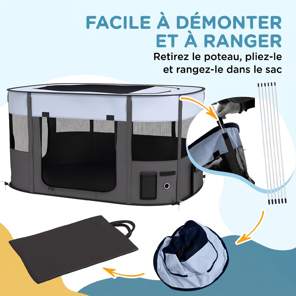 Parc pliable pour animaux de compagnie parc pour chiots en tissu Oxford avec fenêtres et portes sac de rangement gris-5
