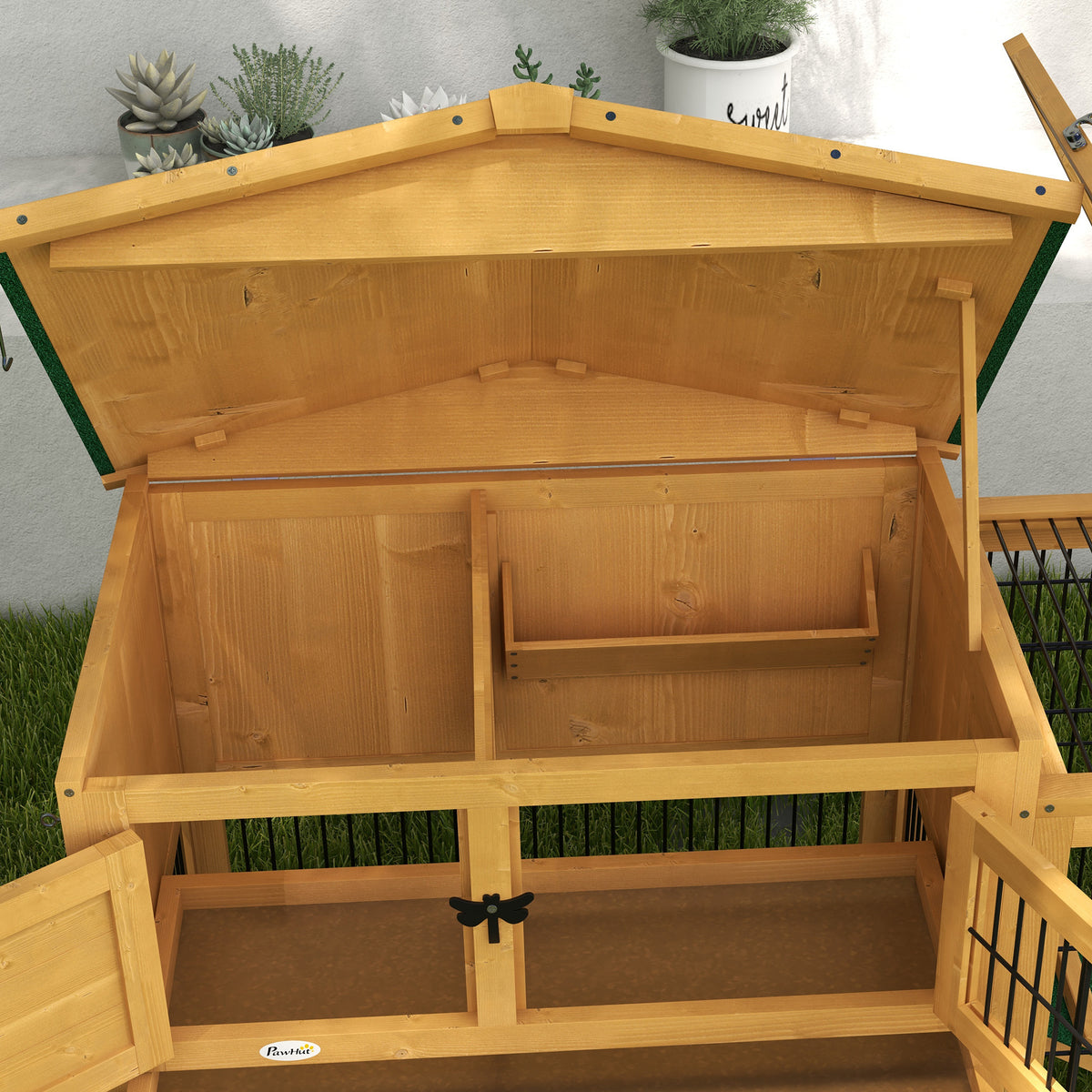 Clapier de sol cage à lapin niche supérieure avec rampe enclos extérieur porte verrouillable 150 x 52,5 x 68 cm jaune-8