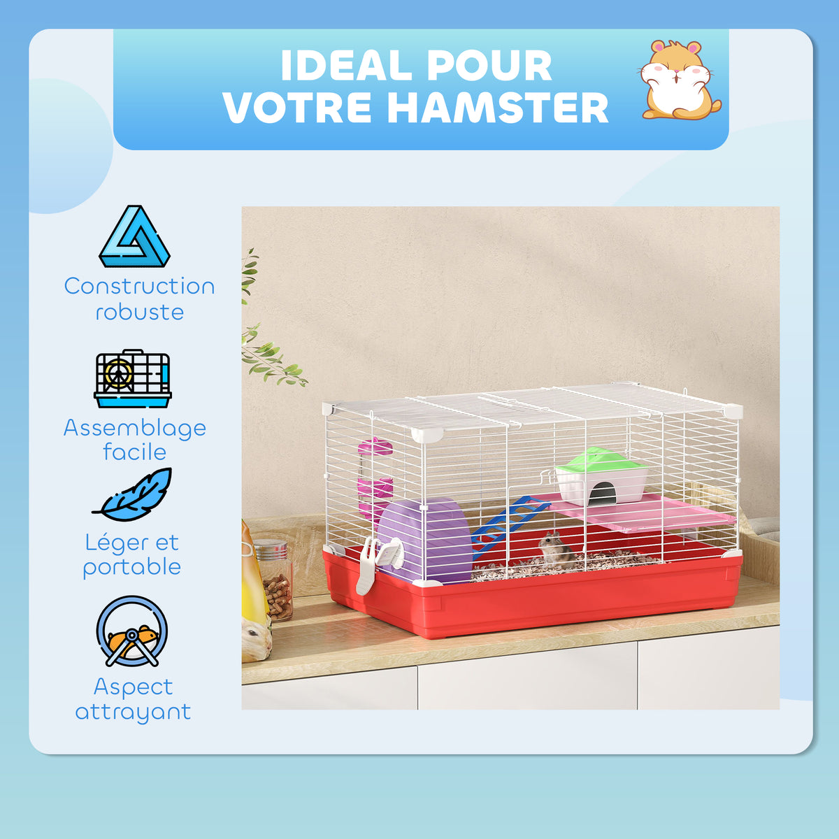 Cage hamster, cage rongeur à 2 niveaux, base amovible nettoyage facile, cabane, roue d'exercice, 47 x 30 x 27 cm, blanc-6