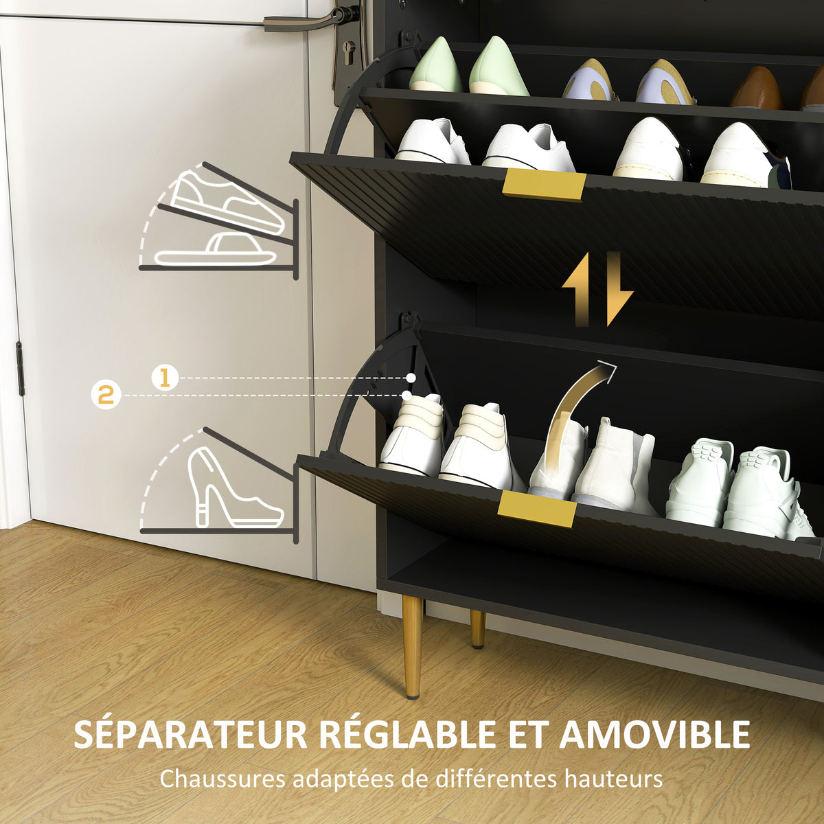 Meuble à chaussures 20 paires avec 4 tiroirs rabattables, portes cannelées et étagères réglables, 105x24x91,5cm, noir-5