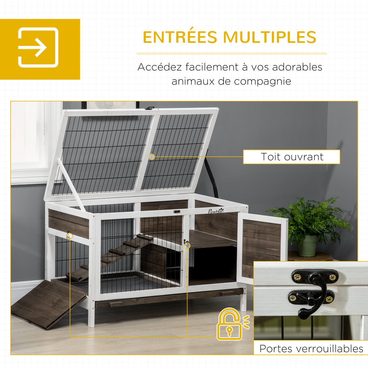 Clapier à lapins cage lapin intérieur, avec bac amovible, 2 portes verrouillables, échelle, 90 x 53 x 87 cm, café-4