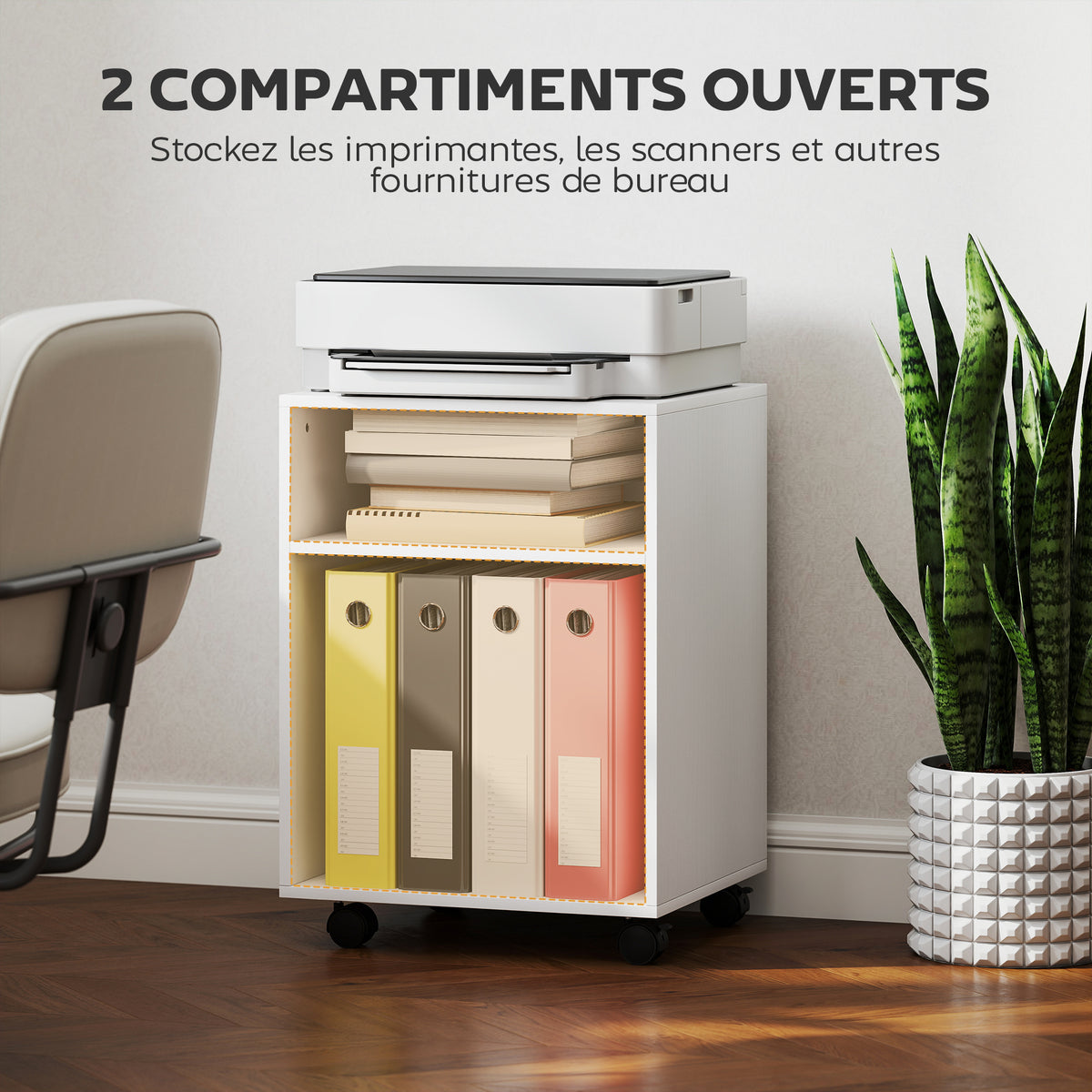 Support d'imprimante, meuble de rangement sur roulettes avec 2 étagères ouvertes, 40x35x55,5cm, blanc-3
