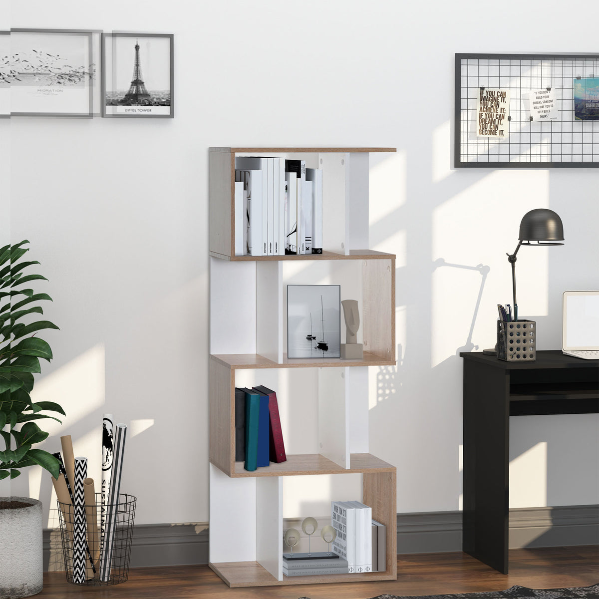 Bibliothèque à 4 niveaux, meuble de rangement en forme de S avec étagères, étagère de rangement pour salon, chambre bureau, 60 x 24 x 148 cm, bois naturel et blanc-1