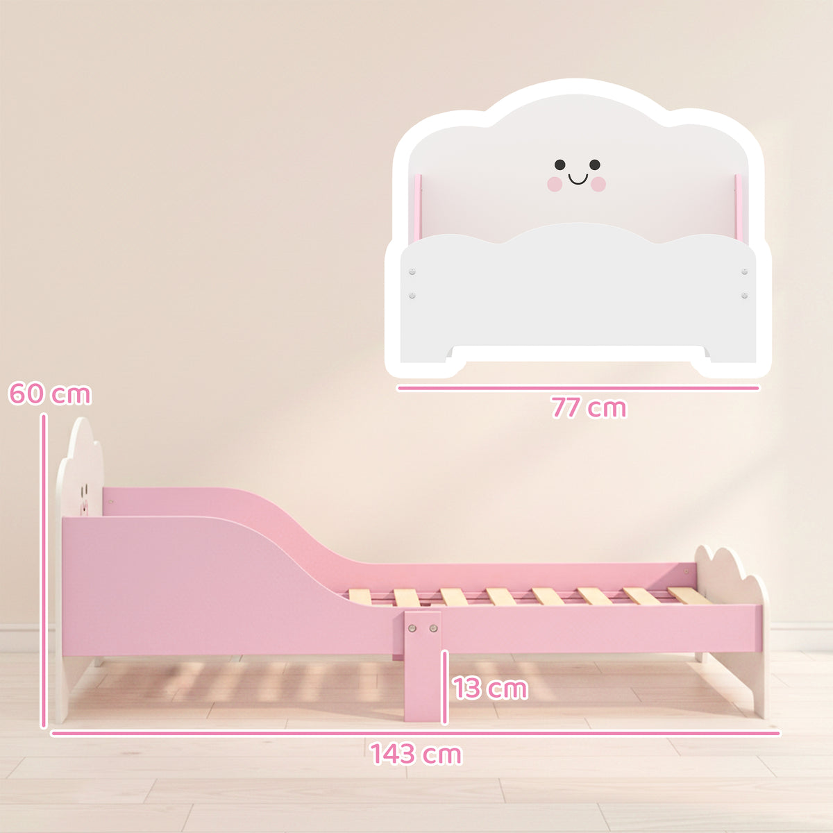 Lit enfant 70 x 140 cm, lit pour enfant avec barriere de securite et sommier à lattes en bois, rose (matelas non inclus)-2