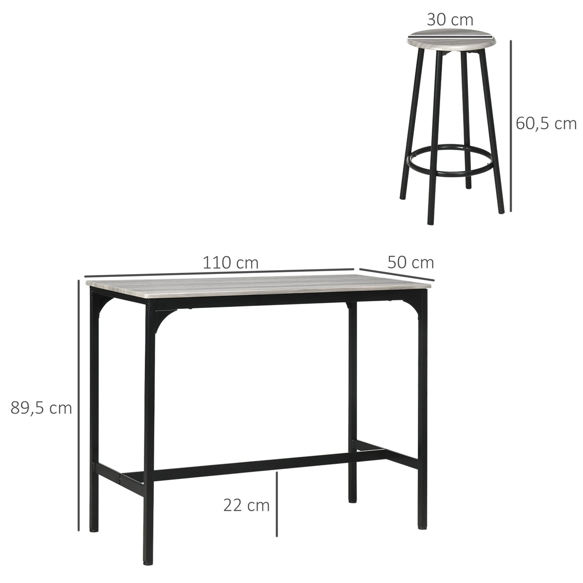 Ensemble table haute et 4 tabourets avec Repose-Pieds, métal noir et aspect bois pour cuisine salle à manger-2