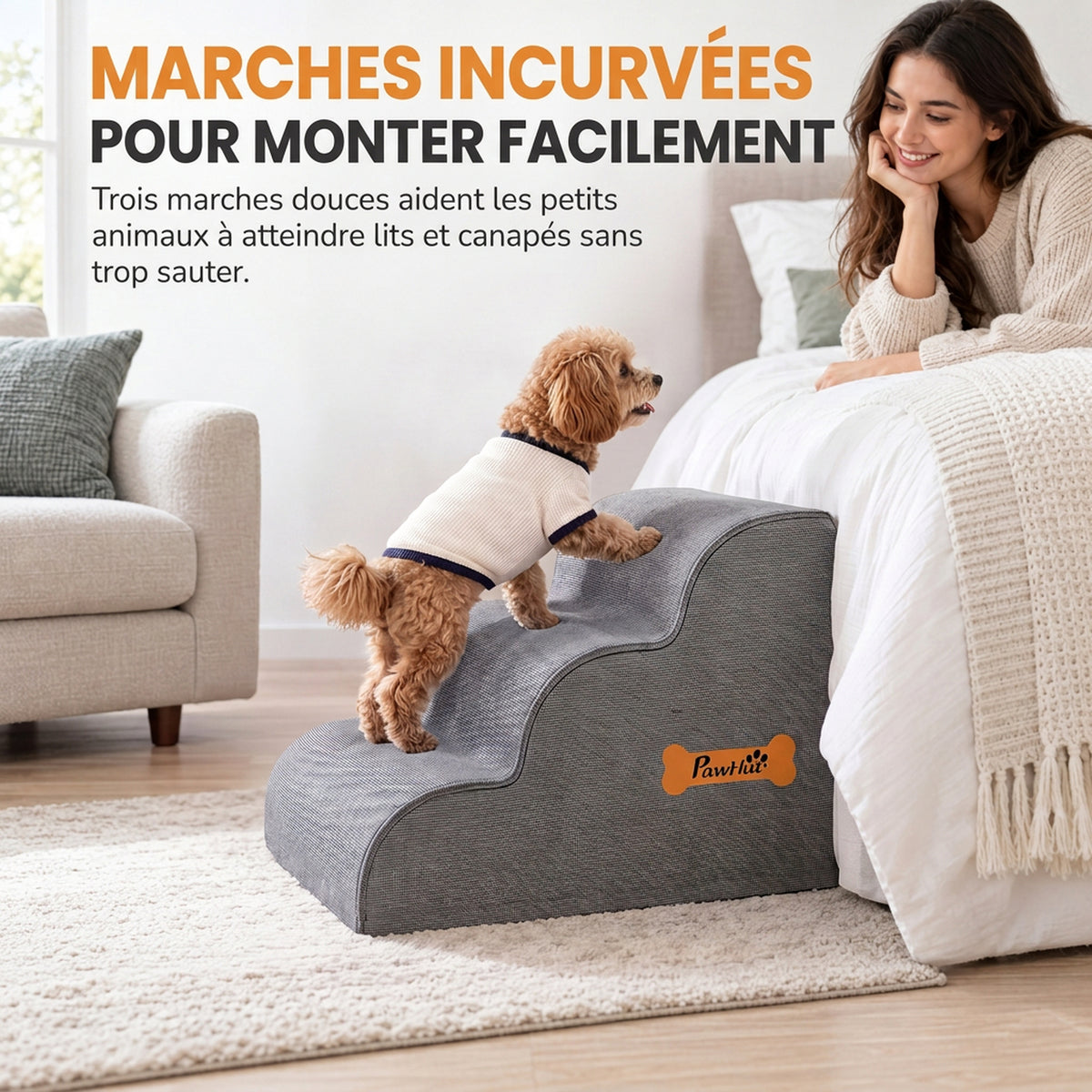 Escalier pour Chien Incurvé Housse Lavable Poignée Rampe pour Animaux 3 Marches Gris-3