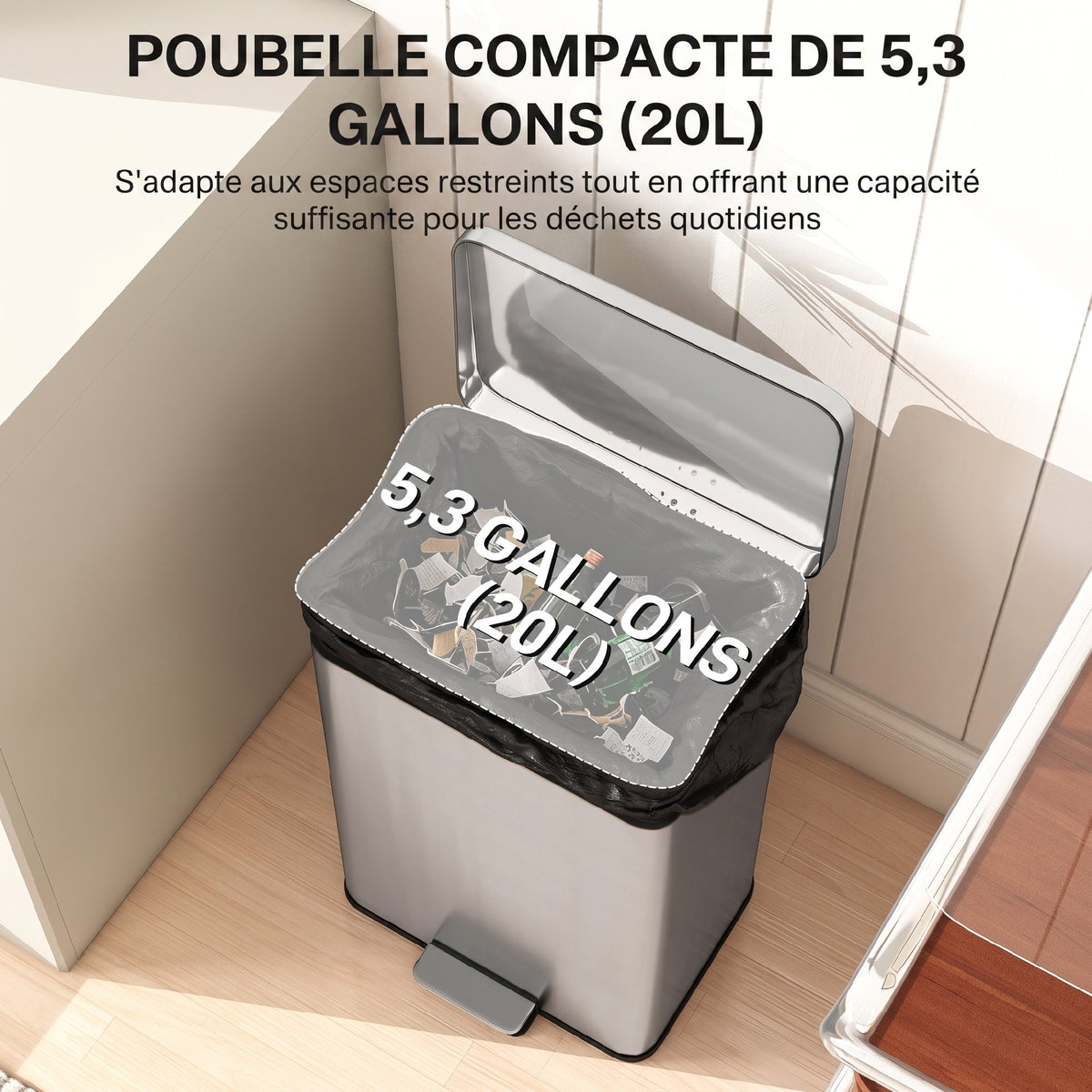 Poubelle de Cuisine 20 L en Acier Inoxydable, Poubelle avec Pédale, Couvercle à Fermeture Douce, Argenté-3