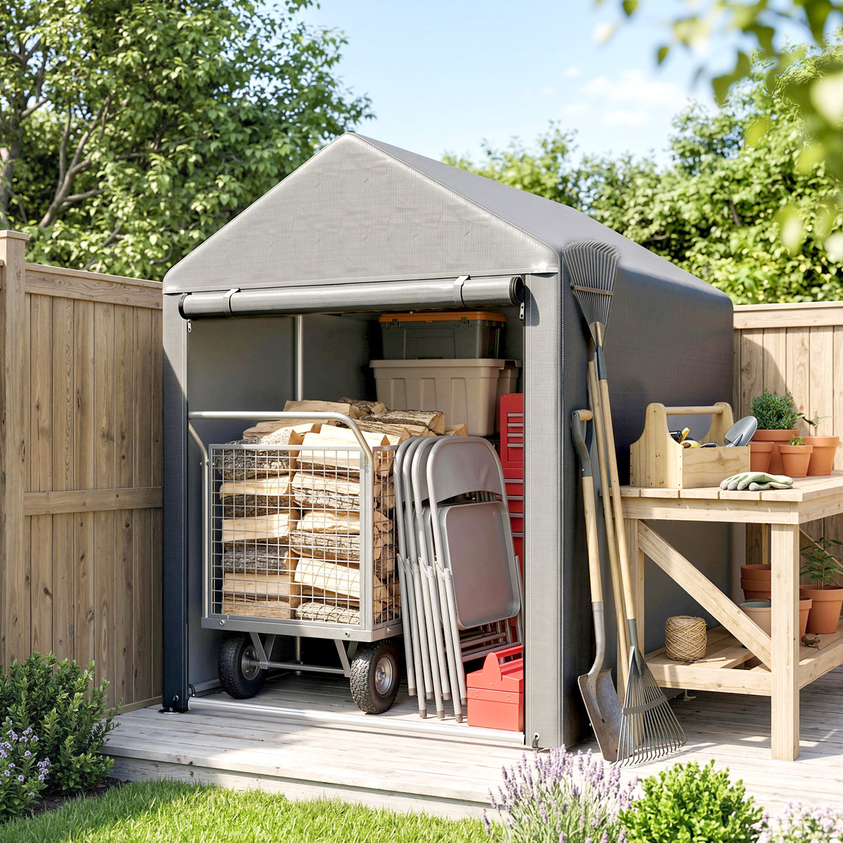 Abri de Jardin Imperméable avec 2 Compartiments, Porte Enroulable à Fermeture Éclair, 120x179x165cm, Gris Clair-1