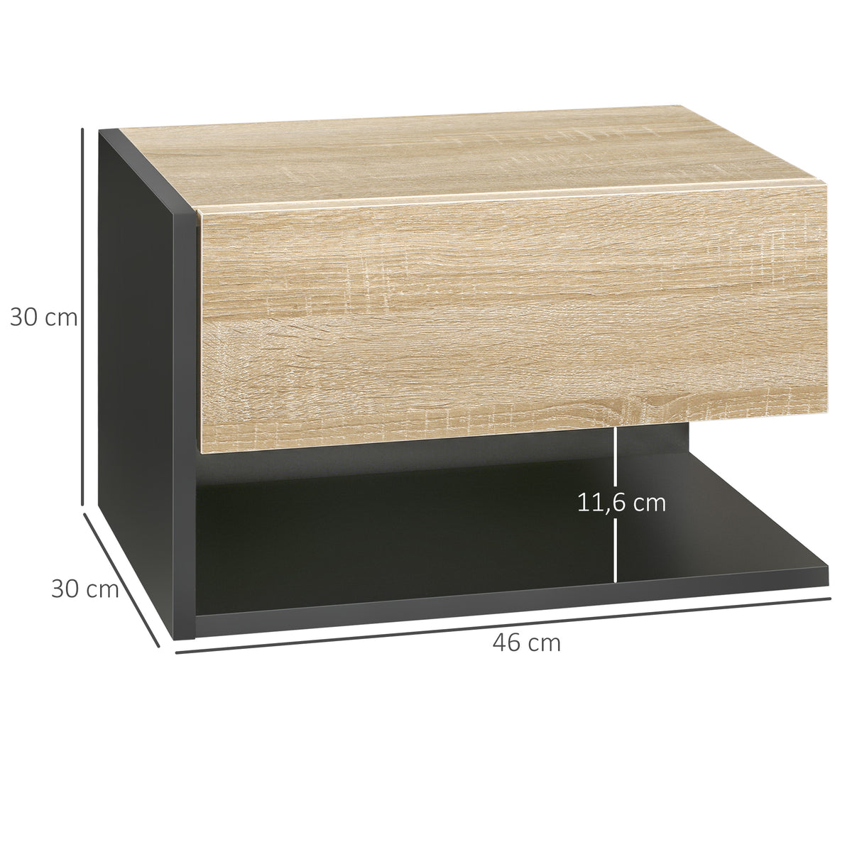 Lot de 2 Tables de Chevet murales - Lot de 2 Tables de Nuit - tiroir Coulissant, étagère, Bicolore Aspect chêne Noir-2