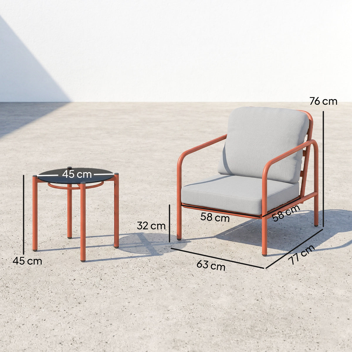 Salon de Jardin 3 Pièces, 2 Fauteuils, 1 Table Basse, Coussins Épais, Plateau en Verre Trempé, 63x77x76cm, Rouge Vineux-2
