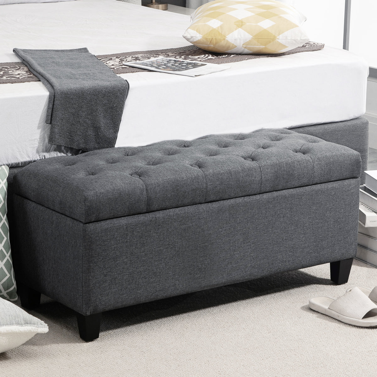 Banc de rangement pouf salon bout de lit coffre de rangement pour salon, chambre, entrée, 100 x 40 x 44 cm, gris foncé-1