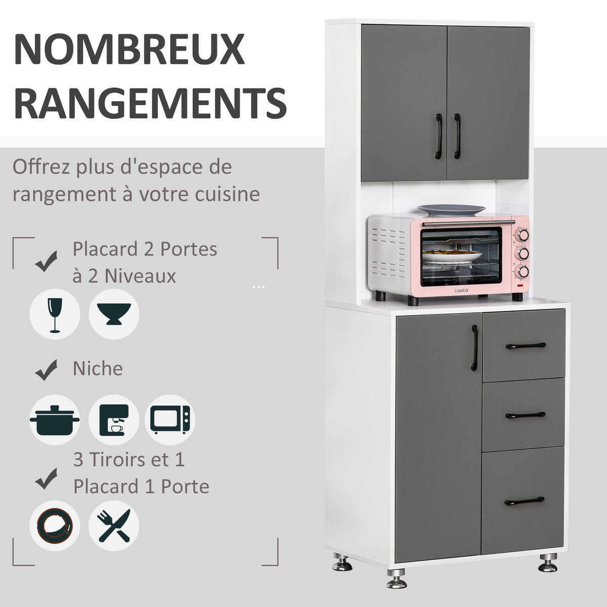 Buffet haut cuisine, armoire de cuisine, vaisselier avec 3 portes, 3 tiroirs et plan de travail, meuble de rangement pour salon, salle à manger, style moderne, 60 x 40 x 160 cm, gris-4