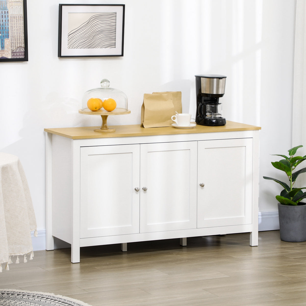 Buffet meuble de rangement avec 3 portes 2 étagères réglables plateau aspect bois clair 120 x 40 x 70 cm blanc-9