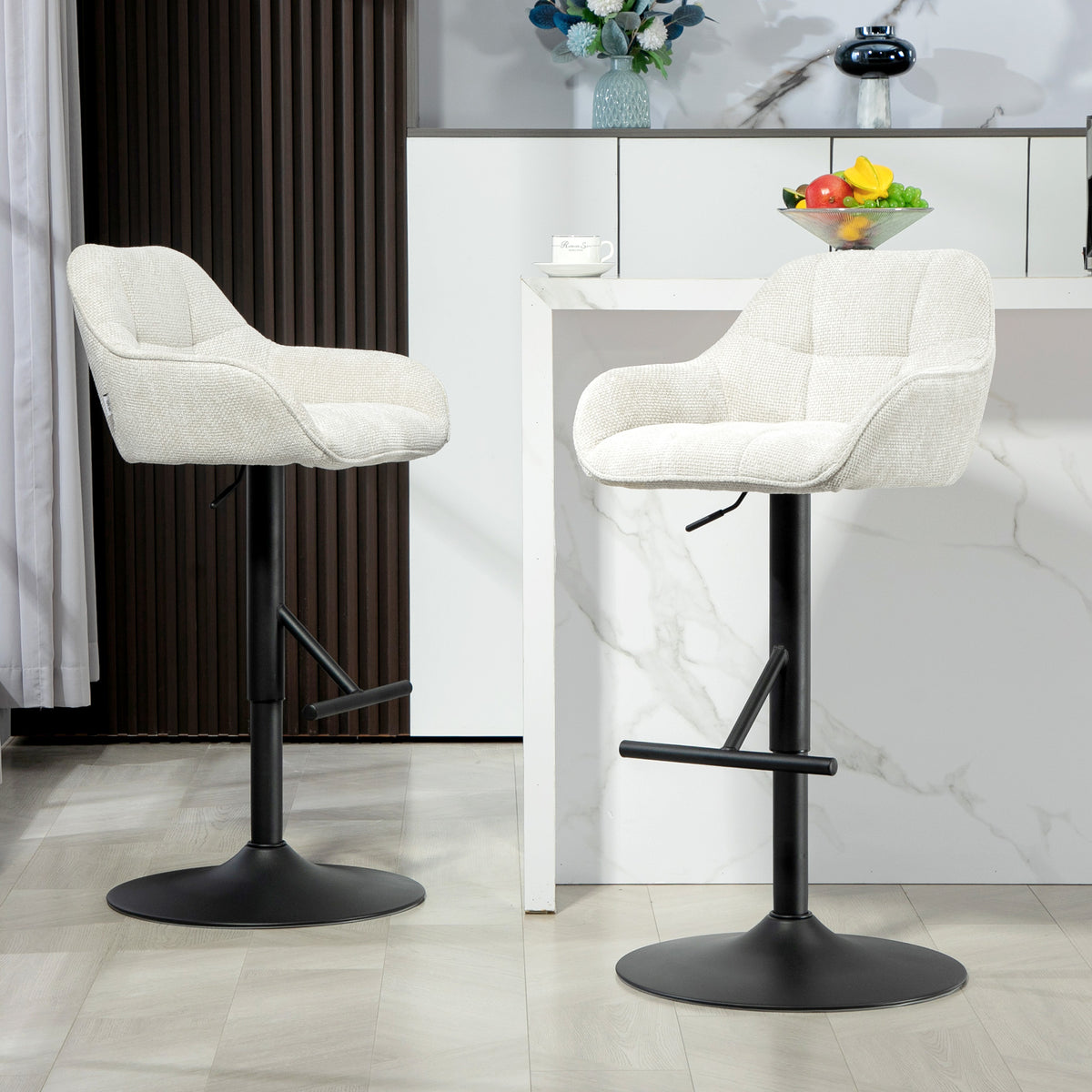 Lot de 2 tabourets de bar chaises de bar hauteur réglable tissu effet lin et base en acier 52,5 x 53 x 86,5-108 cm crème-9