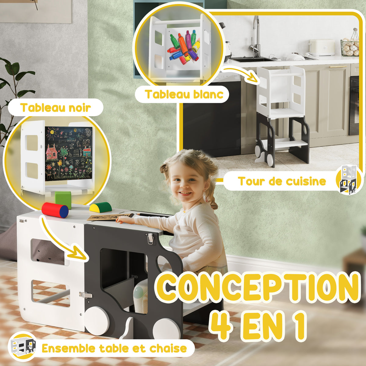 Tour d'observation enfant 4 en 1, tour d'apprentissage, hauts rebords de sécurité, tableau noir/blanc, 58x46x92cm, gris-3