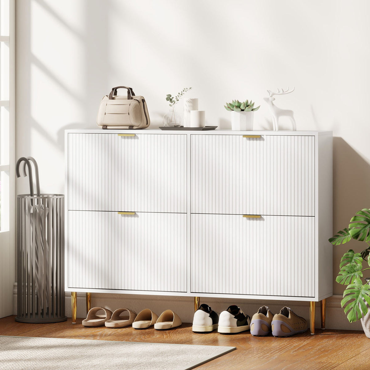 Meuble à chaussures 20 paires avec 4 tiroirs rabattables, portes cannelées et étagères réglables, 105x24x91,5cm, blanc-7