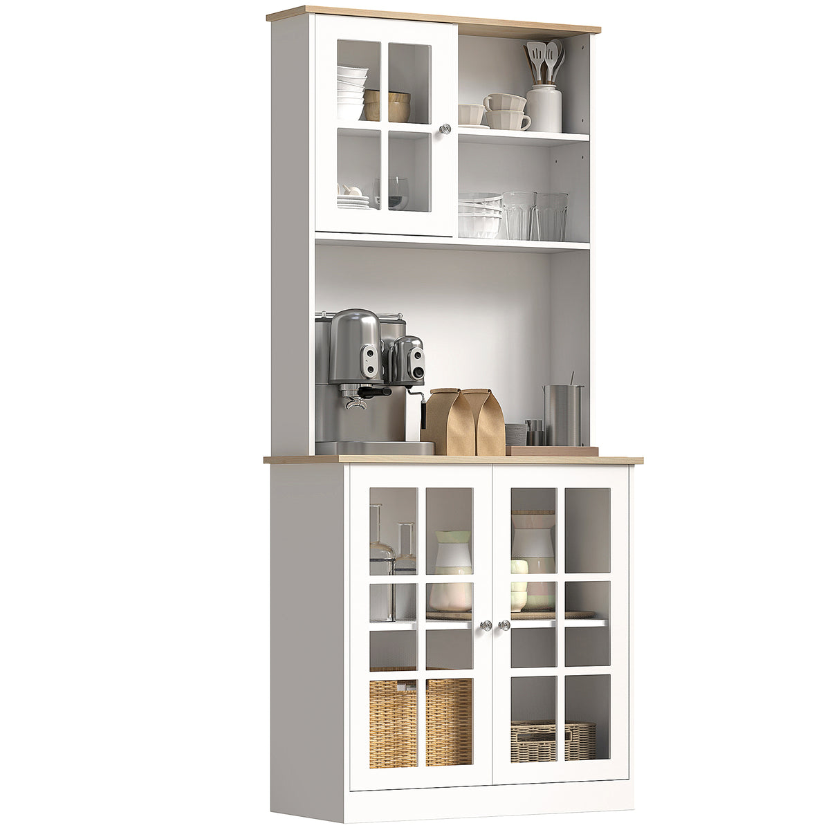 Buffet cuisine, meuble cuisine rangement haut, meuble de rangement avec plan de travail, 3 portes vitrées, 2-0