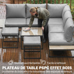 Salon de jardin extérieur 6 personnes modulable table basse et plateaux latéraux en bois PSPC coussins épais 10cm gris-6