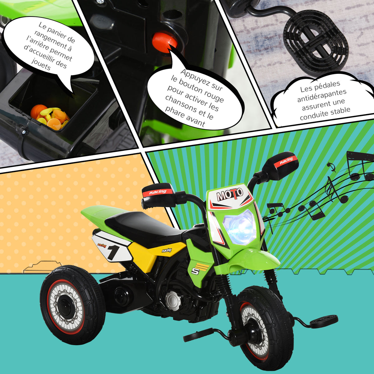 Tricycle Enfants Moto Cross Effets musicaux et Lumineux Coffre Rangement Vert-5