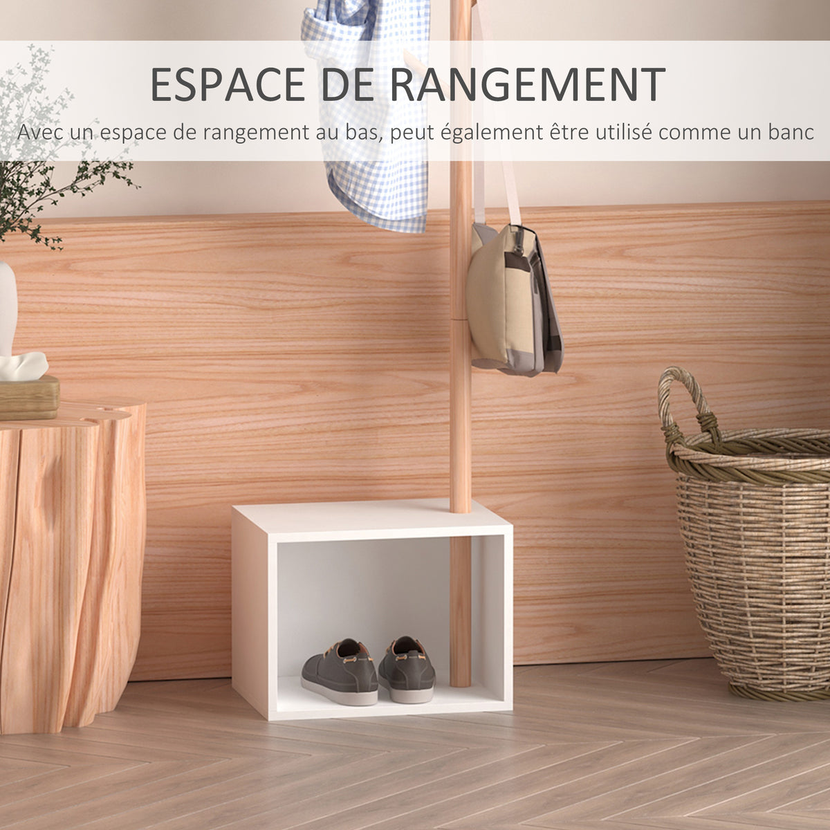 Meuble rangement porte-manteaux 2 en 1 cosy 40L x 30l x 180H cm MDF blanc bois massif bambou-4