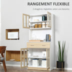 Buffet haut de Cuisine Armoire de Cuisine Multi-Rangement 4 Portes vitrine Verre avec étagère tiroir Coulissant Grand Plateau en Bois Blanc Aspect chêne Clair-4