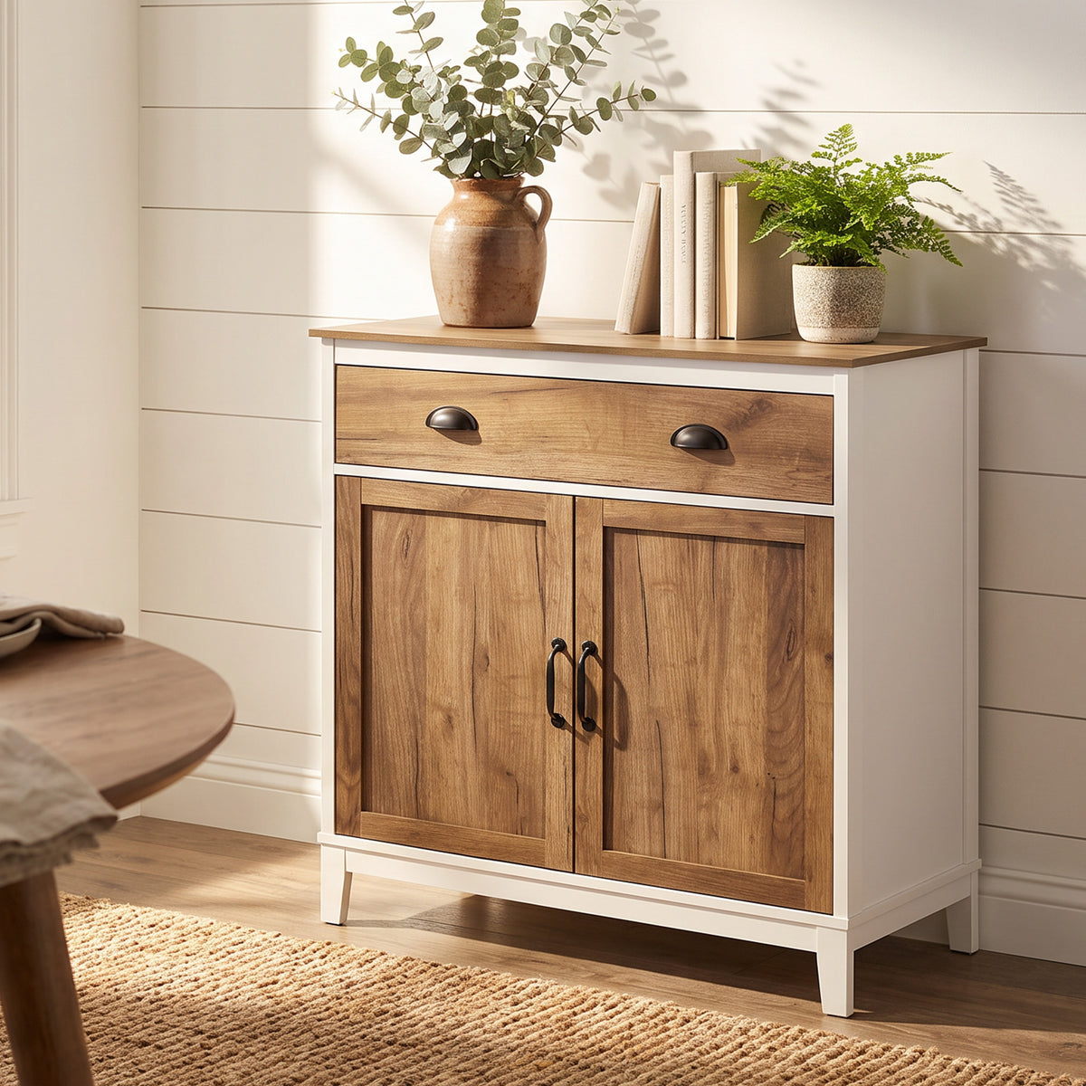 Buffet Salon, Meuble de Rangement avec 2 Portes, Tiroir, Étagère Réglable, 78,5 x 39 x 89,4 cm, Blanc et Chêne-7