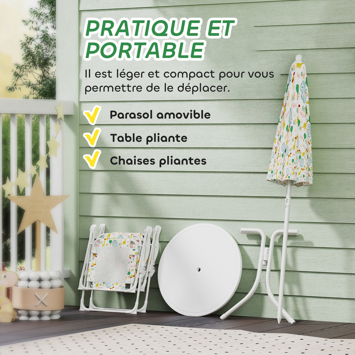 Ensemble salon de jardin extérieur enfant 4 pièces, motif éléphant et girafe, parasol réglable Ø 100 cm, chaise pliable-5