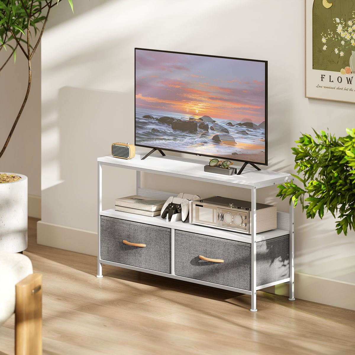 Meuble TV, meuble télé pour téléviseur jusqu'à 47 pouces avec 2 tiroirs et pieds en acier, 98 x 29 x 56 cm, gris clair-6
