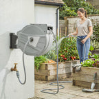Enrouleur Tuyau Arrosage Mural 40+2 m x Ø 15mm, Dévidoir de Tuyaux d'Eau Rétractable Automatique Pivotant à 180°, Gris-9