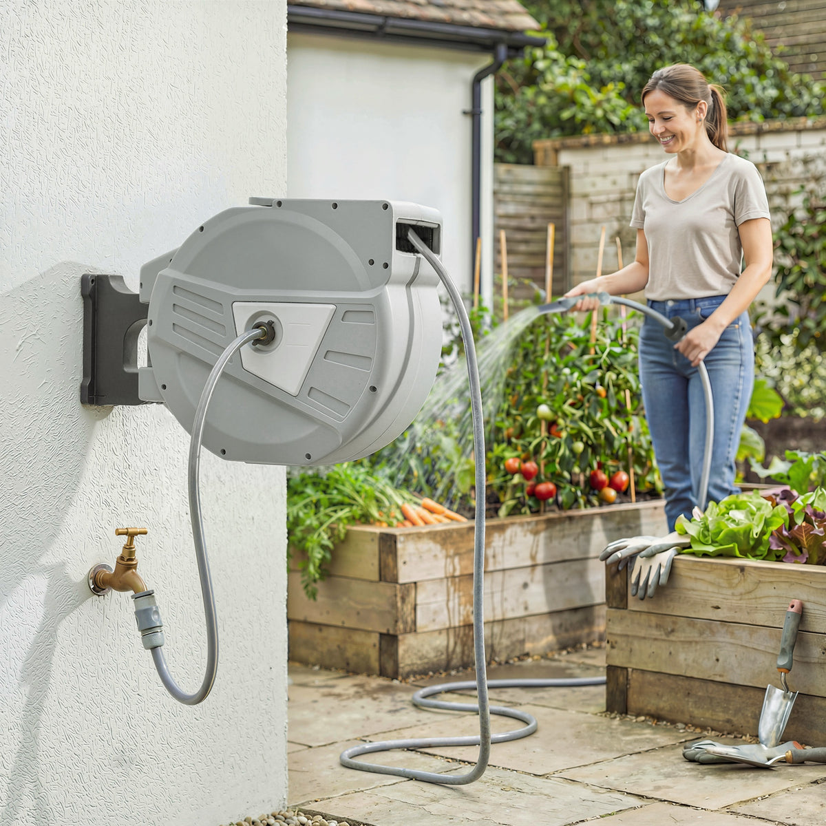 Enrouleur Tuyau Arrosage Mural 40+2 m x Ø 15mm, Dévidoir de Tuyaux d'Eau Rétractable Automatique Pivotant à 180°, Gris-9