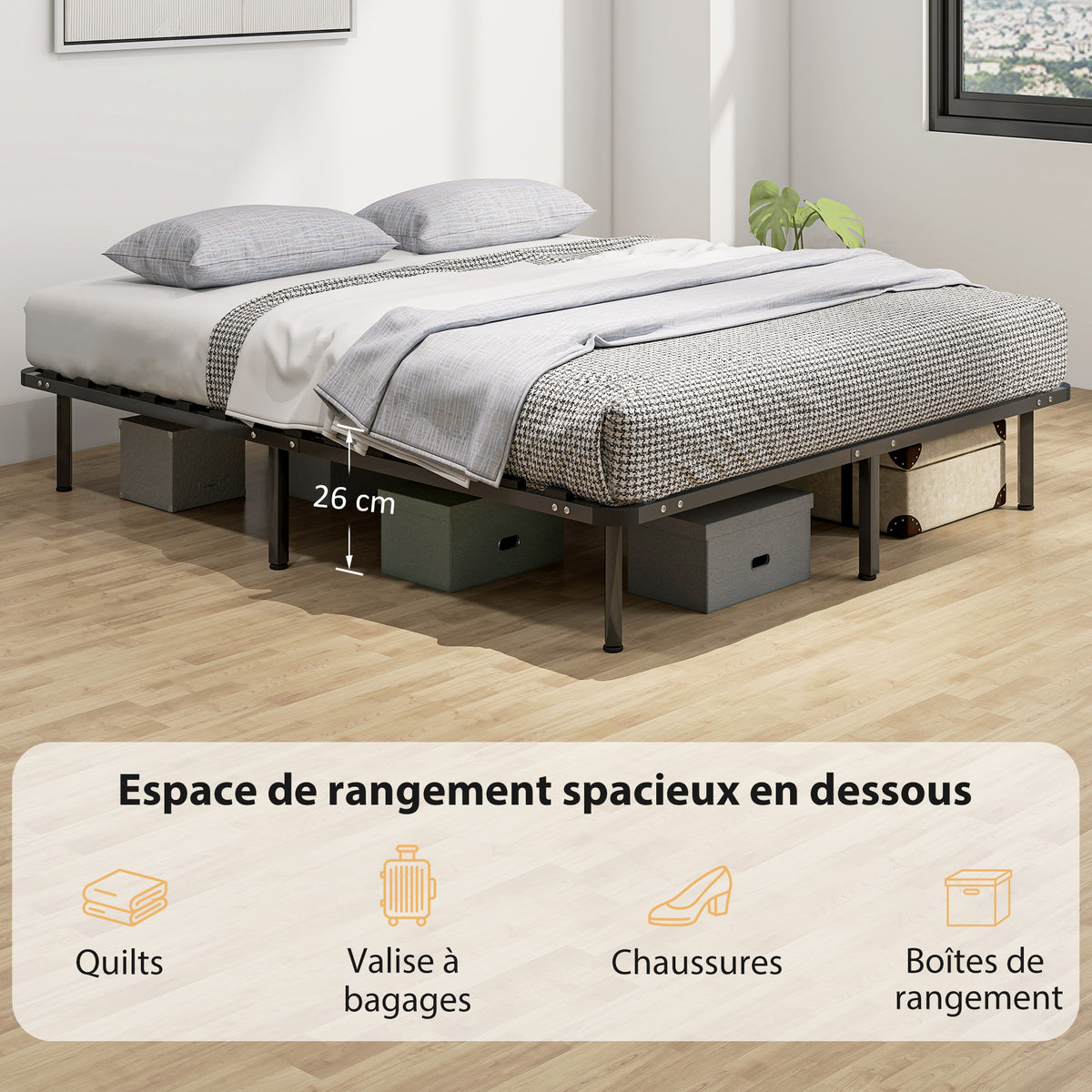 Cadre de lit 160 x 190 cm, lit 2 personnes en bois massif avec sommier à lattes et pied, rangement au-dessous, noir-4