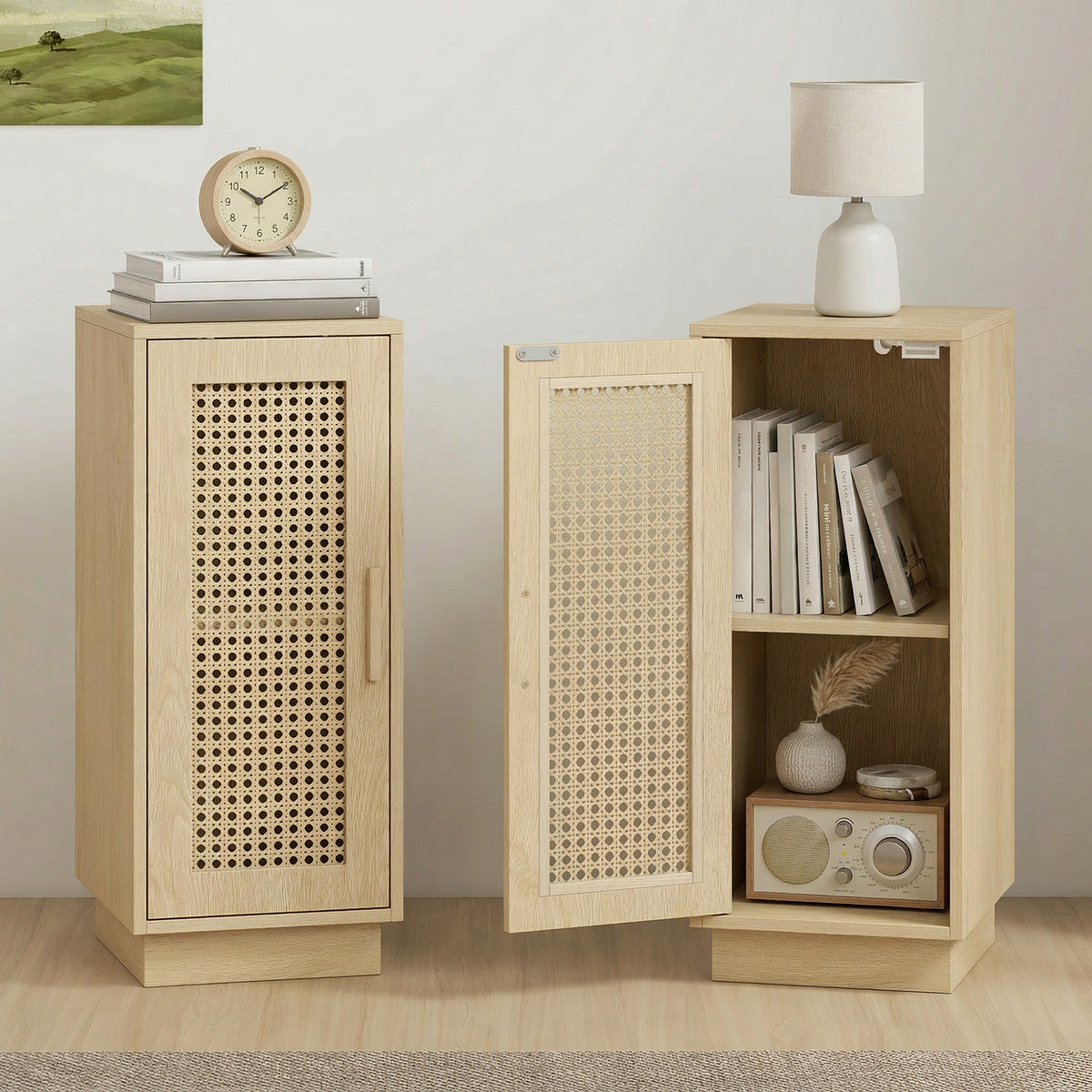 Lot de 2 Tables de Chevet, Étagère Réglable et Porte en Résine Tressée, Style Bohème, 25 x 30 x 60 cm, Bois Naturel-9