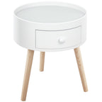 Table basse - table de chevet - table de nuit ronde - design scandinave table d'appoint bout de canapé avec tiroir pieds effilés inclinés bois massif chêne clair blanc-0