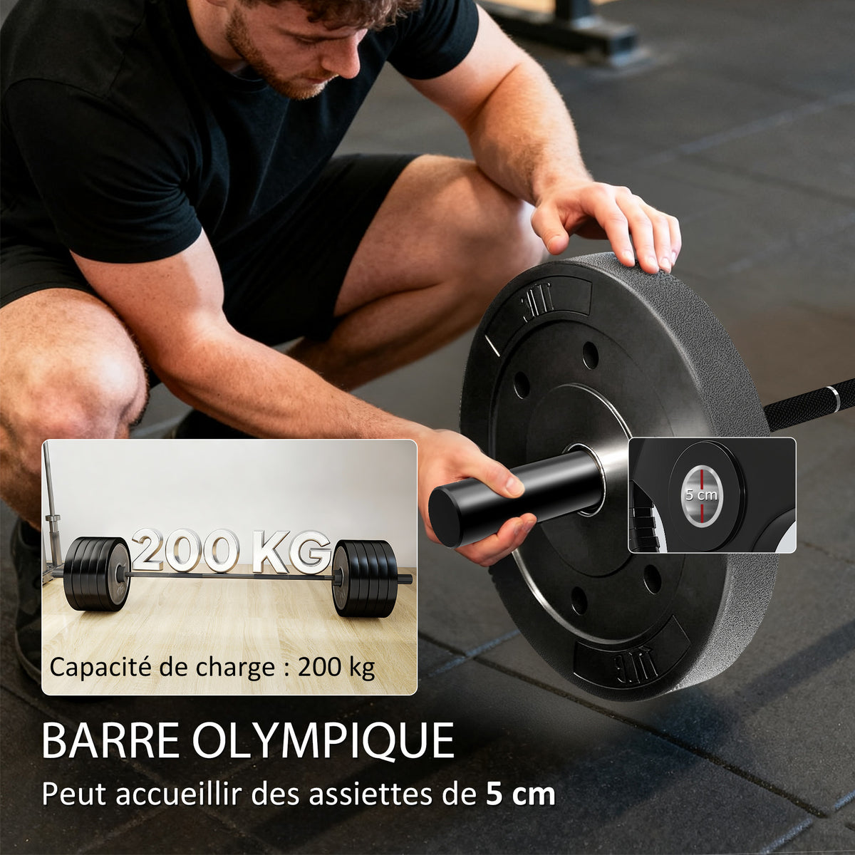 Barre Olympique de 50 mm en Acier Finition Mate avec Prise Moletée et Manchons Longs, Charge 200 kg, Ø5 x 180 cm, Noir-3
