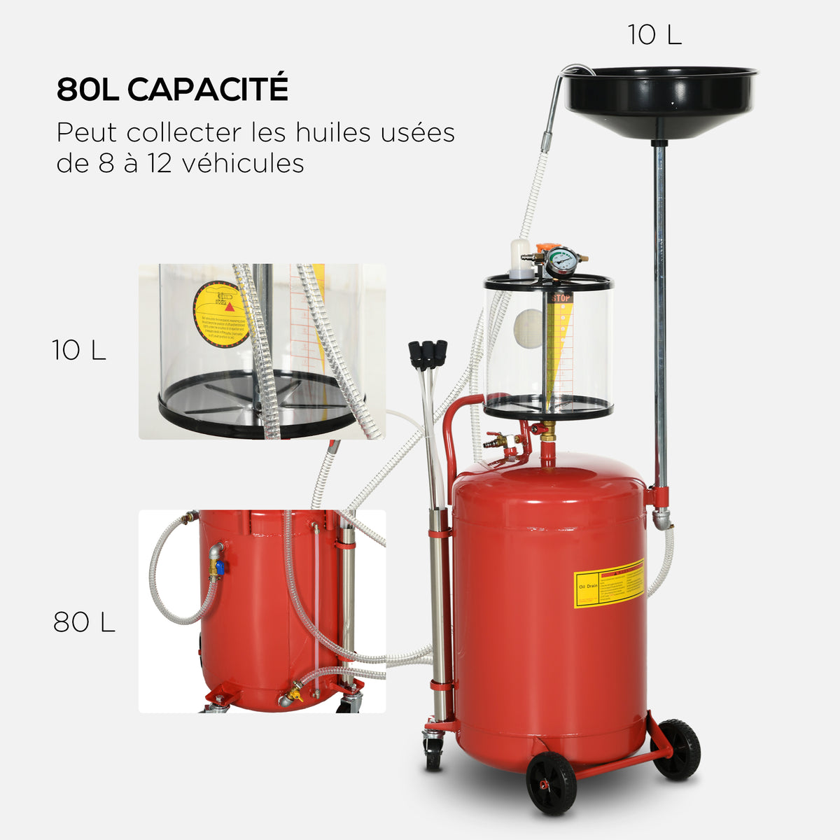 Récupérateur d'huile de vidange portable 2-en-1 avec hauteur réglable et vidangeur d'huile pneumatique de 80L-4