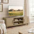Meuble TV 135 cm, meuble télé pour téléviseur jusqu'à 65 pouces avec 2 portes en rotin, 2 compartiments ouverts, chêne-1