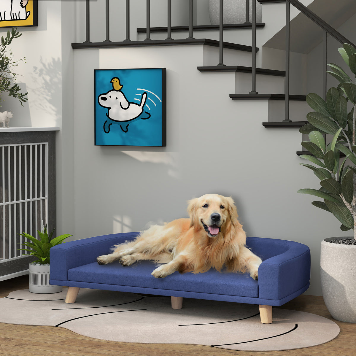 Canapé pour chien grand lit surélevé pour chien coussin lavable cadre en bois tissu polyester 98 x 67 x 25 cm bleu-9