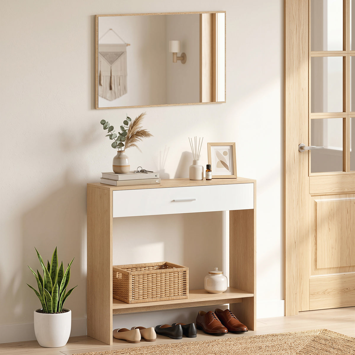 Console meuble + miroir, table console étroite avec tiroir et étagère, style moderne, 91,5 x 27,9 x 85,5 cm, chêne-1