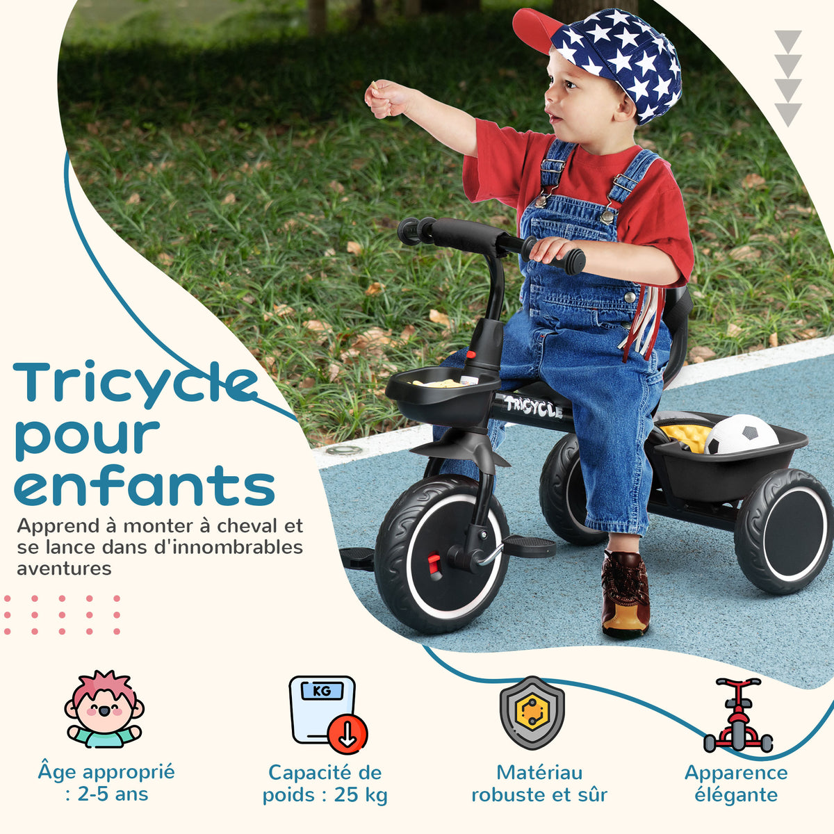 Tricycle pour enfant évolutif avec siège réglable pédales 2 paniers ceinture pour enfant de 2 à 5 ans noir-3