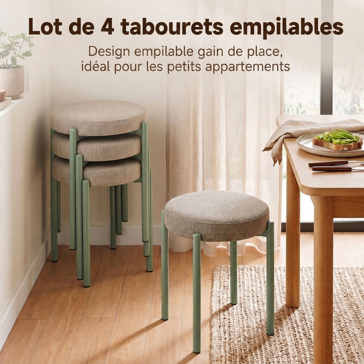 Lot de 4 Tabourets Empilables Ronds avec Assise Rembourrée, sans Dossier, Gain de Place, 45 x 45 x 47,5 cm, Marron Cair-5
