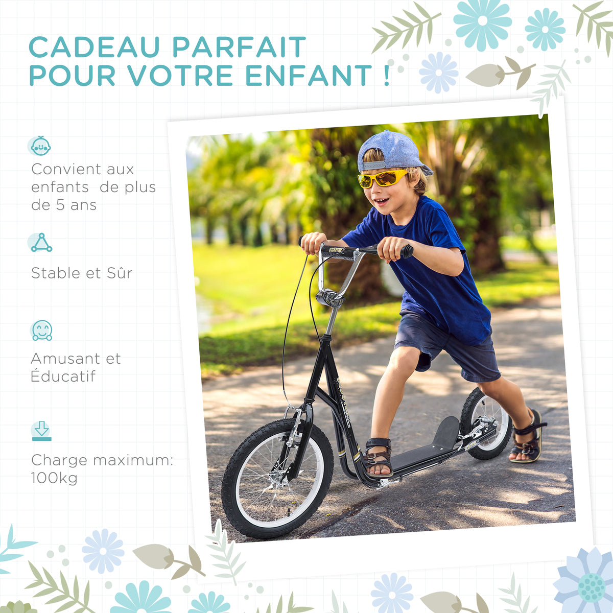 Trottinette patinette Vélo Enfant à partir de 5 Ans Tout Terrain Grands pneus gonflables Guidon réglable poignées Freins et béquille pour Adultes et Enfants Acier Noir-5