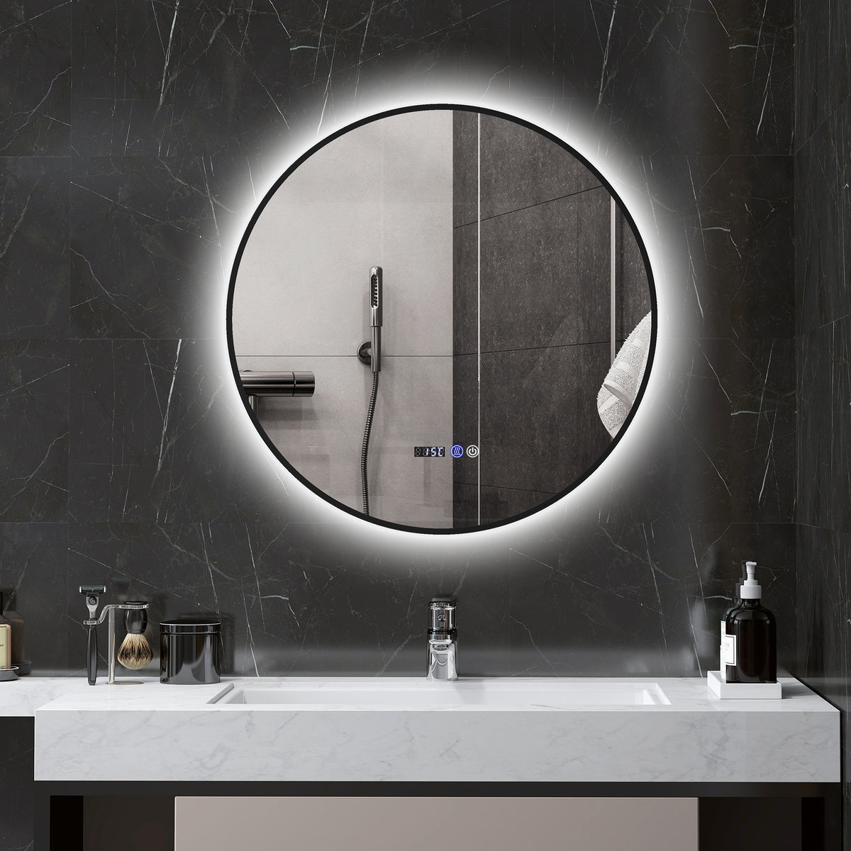 Miroir de salle de bain rond avec éclairage LED, intensité variable, fonction anti-buée, interrupteur tactile, noir-1