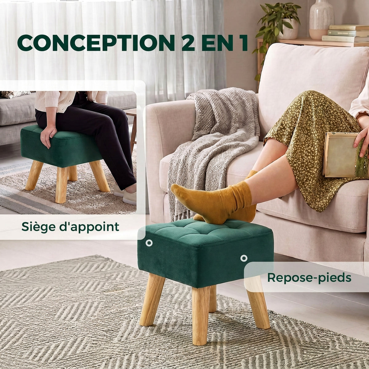 Repose-Pied Salon, Ottoman, Siège Rembourré en Tissu avec Pieds en Bois, 27 x 27 x 26 cm, Vert Foncé-3