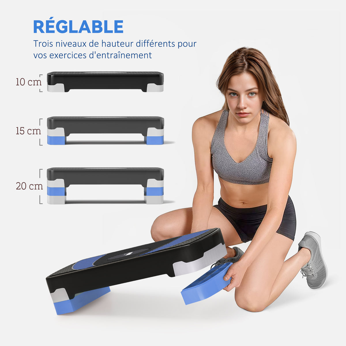 Stepper Fitness Aerobic - .fr x FFHandball - hauteur reglable surface antiderapante 80 x 31 x 20 cm noir bleu-3