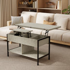 Table basse relevable et extensible, table de salon avec compartiment caché étagères ouvertes, 98x49x55cm, gris-1