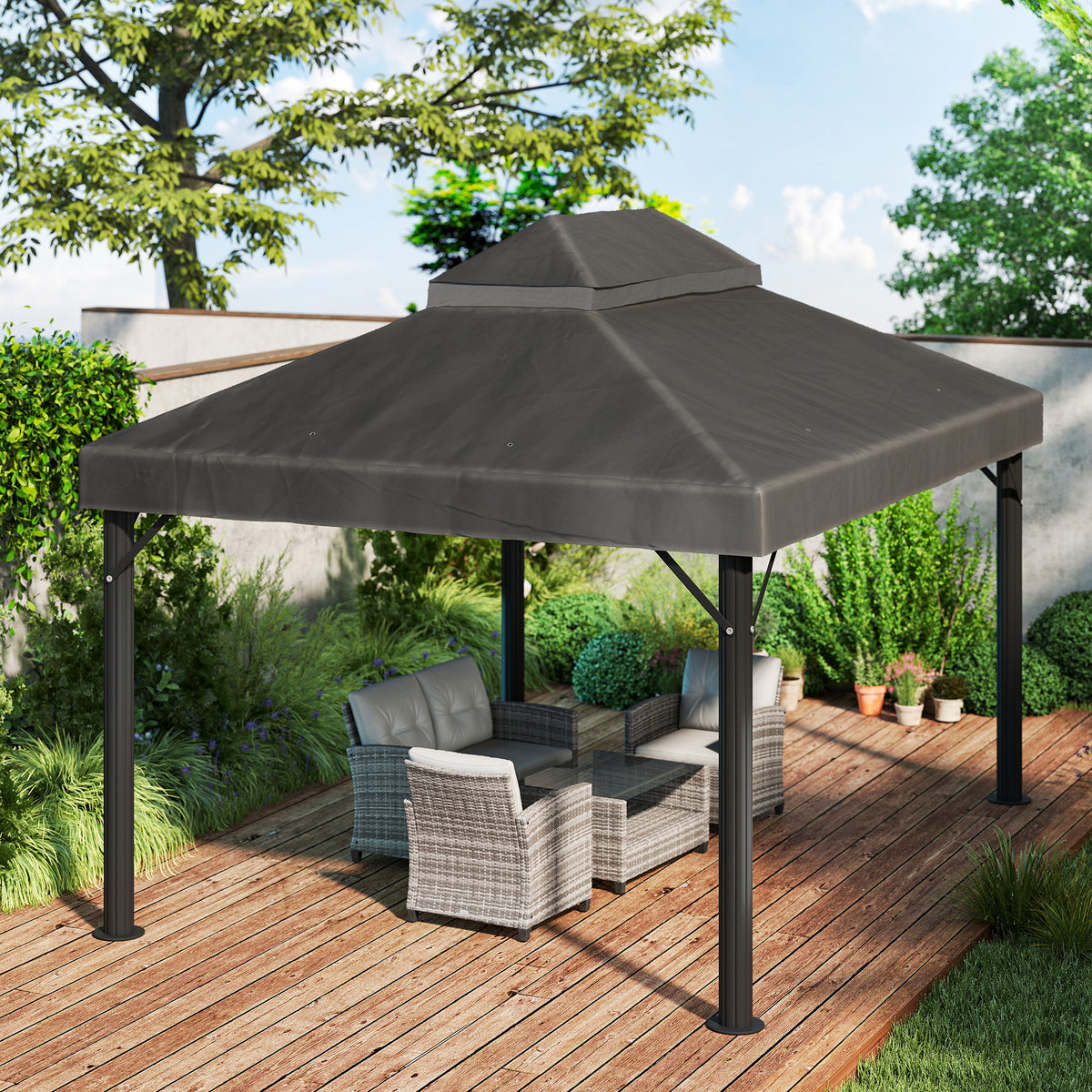 Toile de rechange pour pavillon toile de tonnelle 4 x 3 m, double toit avec trous de drainage, polyester 370 g/m², gris-8