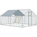 Enclos poulailler extérieur parc grillagé 12 m² avec perchoir et mangeoire acier galvanisé Ø25mm 300x400x195cm argent-0