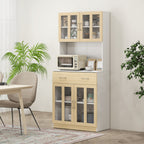 Buffet haut de Cuisine Armoire de Cuisine Multi-Rangement 4 Portes vitrine Verre avec étagère tiroir Coulissant Grand Plateau en Bois Blanc Aspect chêne Clair-1