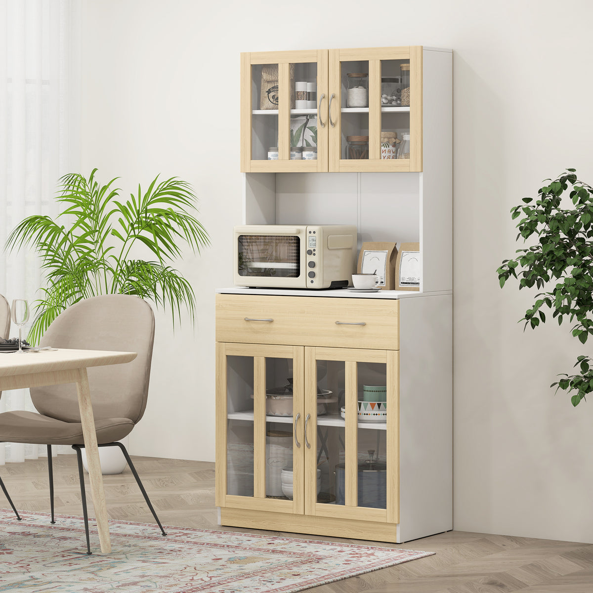 Buffet haut de Cuisine Armoire de Cuisine Multi-Rangement 4 Portes vitrine Verre avec étagère tiroir Coulissant Grand Plateau en Bois Blanc Aspect chêne Clair-1