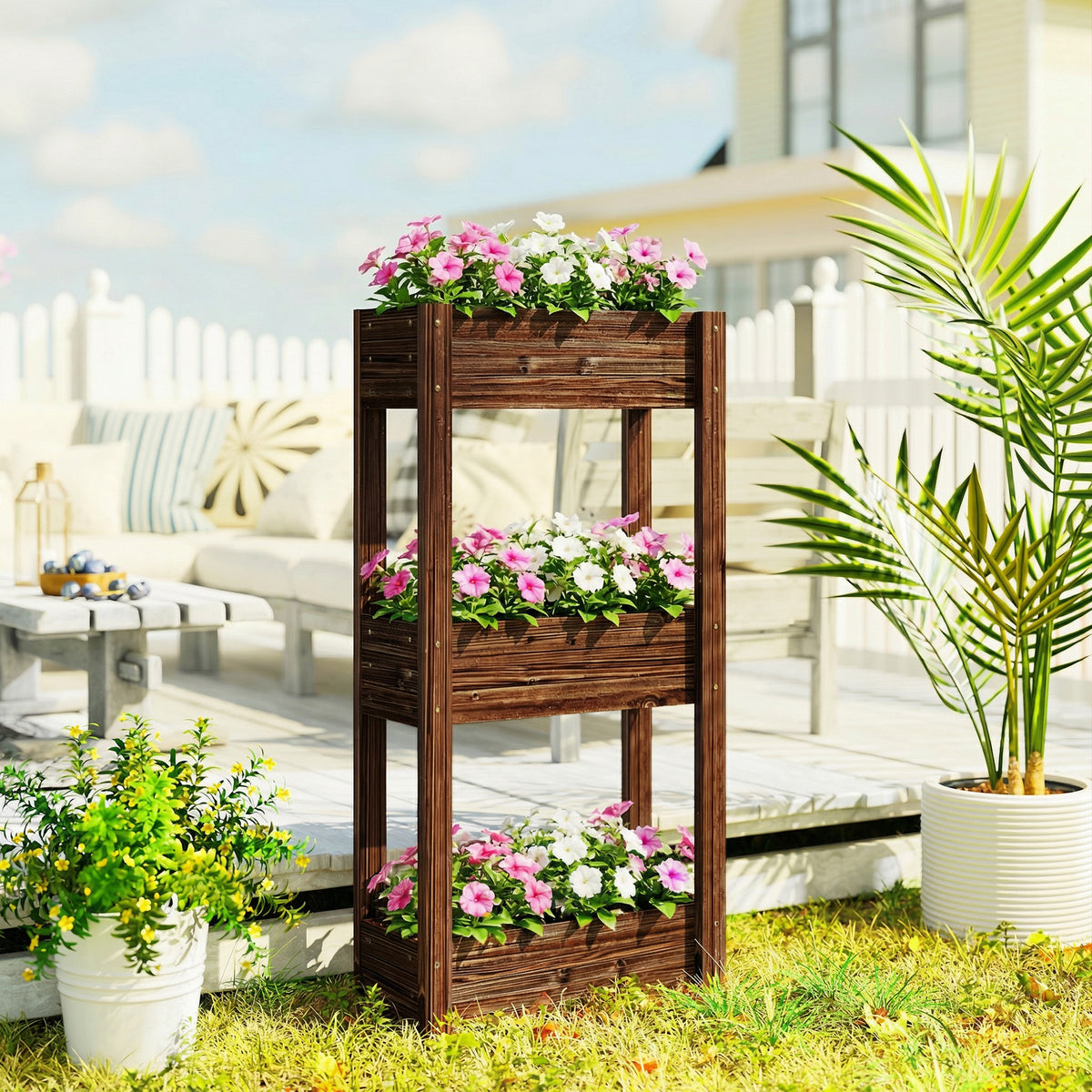 Bac à Plantes Surélevé Jardinière sur Pieds 3 Niveaux Trous de Drainage et Doublure 60 x 25 x 120 cm, Marron-1